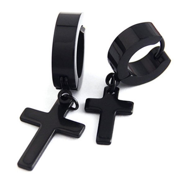 Black Stainless Steel Cross Drop Earrings - Picture 4 of 10